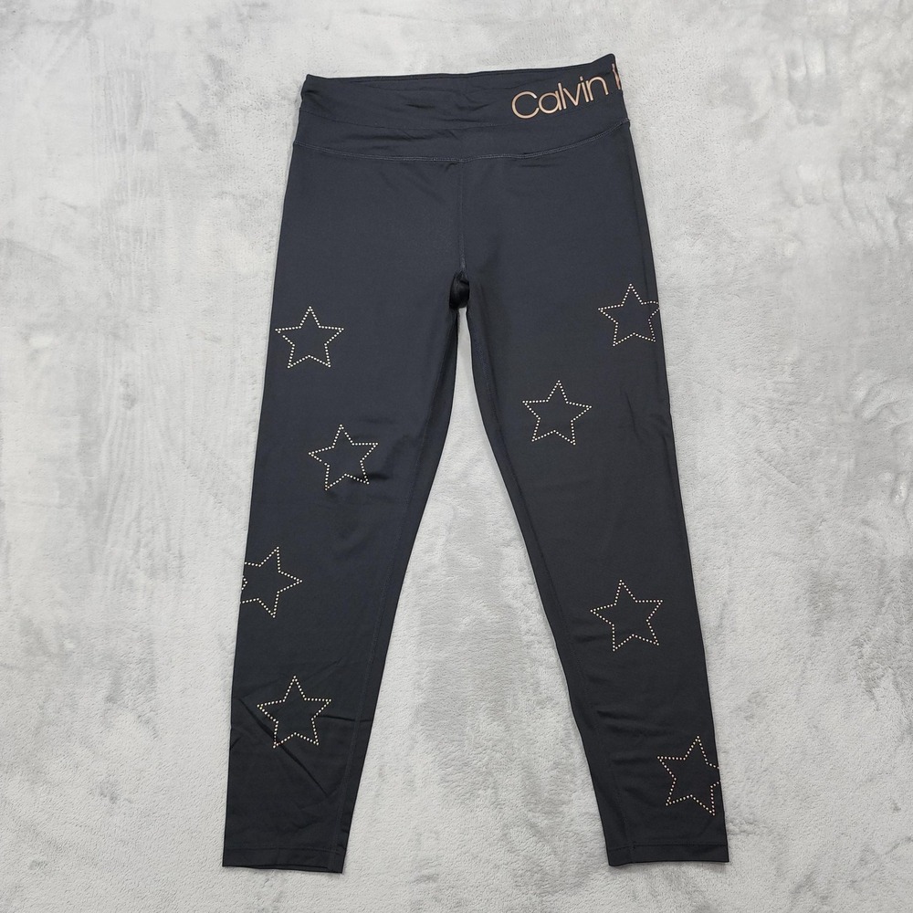Calvin Klein Performance Leggings Womens L Black Wick Star Studded Ankle Yoga
